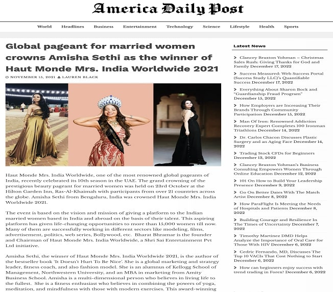 Mrs India Worldwide Media- Americ daily Post, blown by the roar of Mrs. India Worldwide 2021