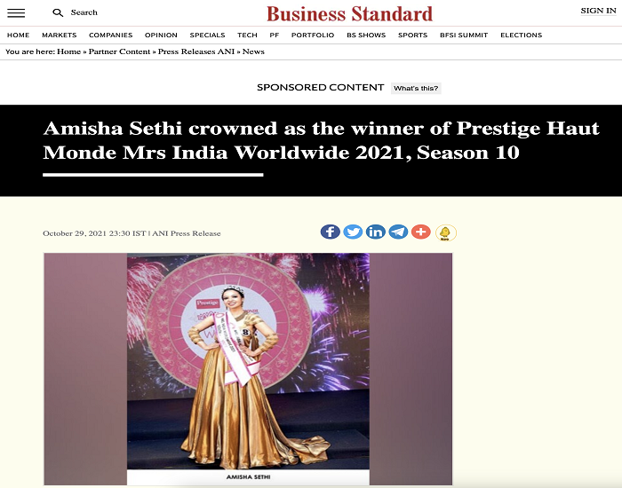 Mrs India Worldwide Media- Business Standard, blown by the roar of Mrs. India Worldwide 2022