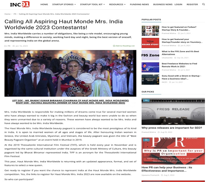 Mrs India Worldwide Media- United news of india, blown by the roar of Mrs. India Worldwide 2022